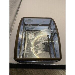 Vintage Via Vermont Blue Glass Brass Casket Trinket Jewelry Box Hinged Lid